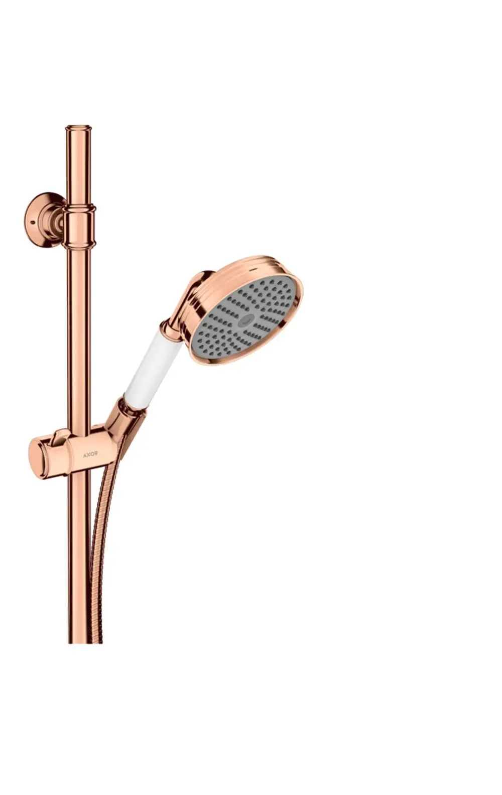 AXOR Duschset mit Handbrause, verchromtem Halter und Schlauch. Der Wasserstrahl ist durch die Düse regulierbar. Standardmontage an Wand.